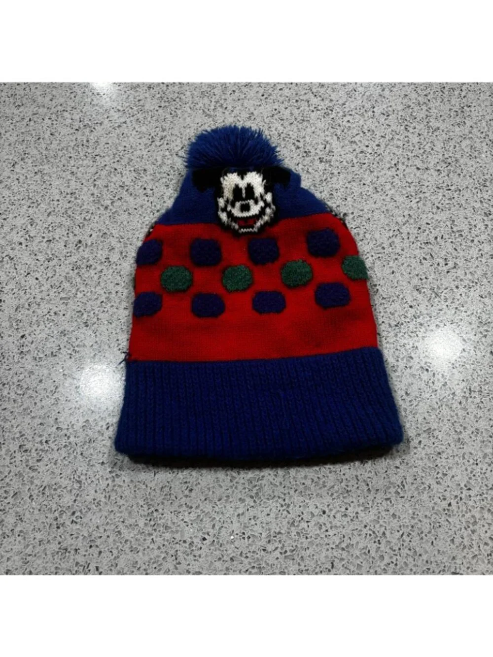 Vintage 80s Mickey Mouse Hat Stocking Cap Winter One Size Blue Pompom Gift